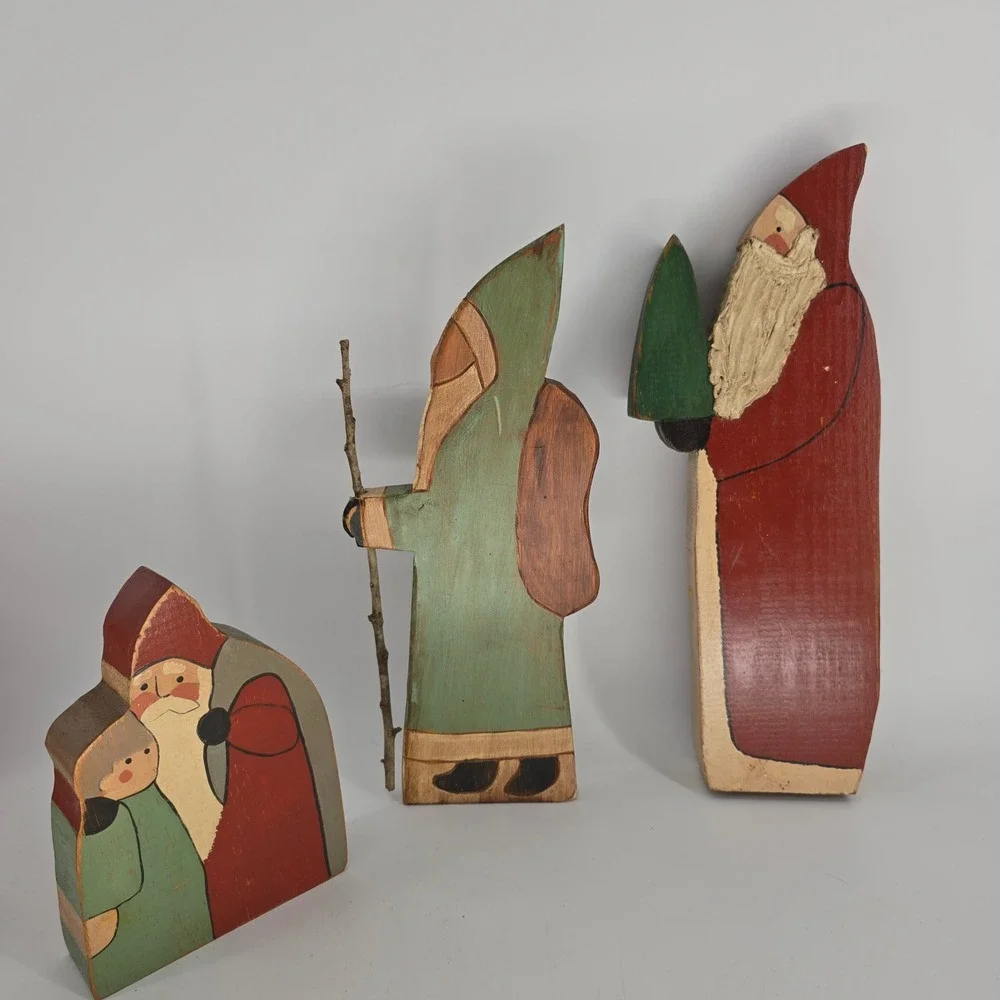 Vintage Primitive Wooden Santa Trio Folk Art Rustic Christmas Decor